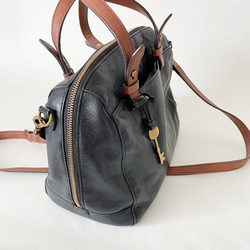 Fossil 100% Leather Black and Cognac Rachel Satchel Purse - Picture 5 of 7